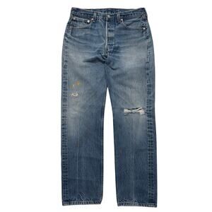 VTG 90s Levi's 501 Paint Splattered Distressed Dark Wash USA Denim Jeans 32 x 30